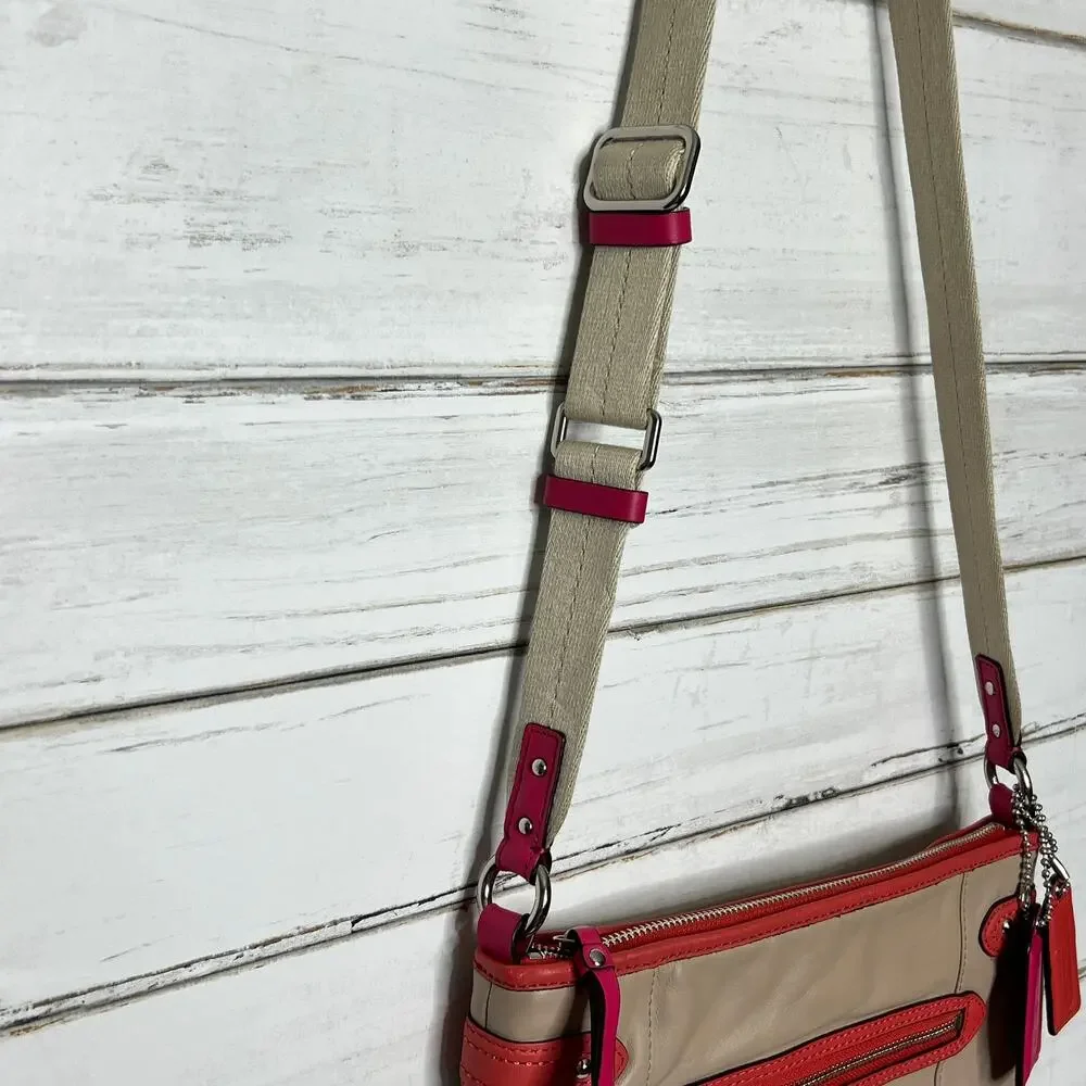 Coach Tan Pink Orange Leather Crossbody Messenger Bag Purse